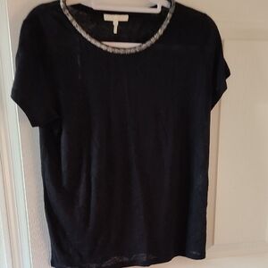 Maje Black Short Sleeve Top with Embellished Neckline
